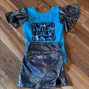 Blue and Silver Wild Child Outfit Set Skirt Ruffle Glitter Sleeves